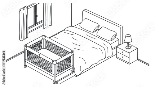 A minimalist bedroom scene featuring a bed, crib, and nightstand in clean lineart vector style, perfect for interior design projects