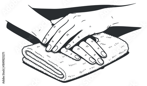 A hand placing a folded towel in minimalist black and white vector style, ideal for hygiene and cleaning contexts