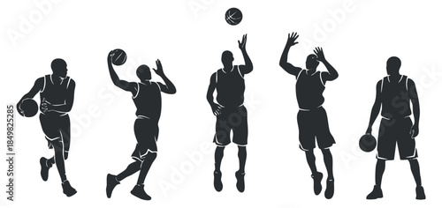 A set of basketball player silhouettes in various action poses in black and white vector style, suitable for sports branding and promotional materials
