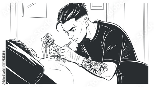 A tattoo artist carefully applying ink on a client’s back in a detailed black and white line art style, perfect for tattoo culture illustrations