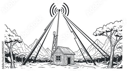 A radio communication tower with signal waves and a rustic cabin in a linear black and white vector style, suitable for technology and networking projects