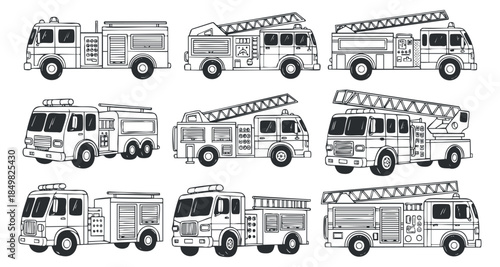 A collection of fire trucks in black and white outline vector style, ideal for emergency service graphics and illustrations