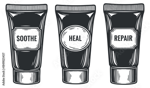A set of three vintage skincare cream tubes labeled 'Soothe', 'Heal', and 'Repair' in black and white hand-drawn style, ideal for beauty product branding