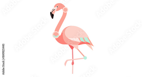 Stylized flamingo illustration, standing on one leg in a vibrant pastel color palette