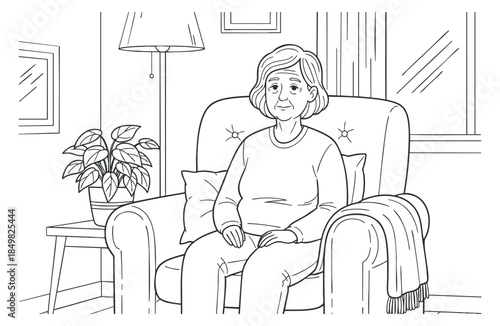 An elderly woman sitting comfortably in a chair with a plant and lamp in black and white outline vector style, suitable for wellness and lifestyle themes