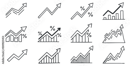 A collection of growth chart and graph icons featuring arrows and percentage symbols in minimalist black and white vector style, ideal for financial presentations and analytics.