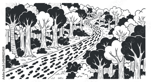 A winding path through a dense forest with trees and footprints in black and white vector style, ideal for nature-themed projects