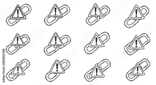 A set of warning icons featuring an exclamation mark within a triangle in black and white outline vector style, suitable for safety and alert designs