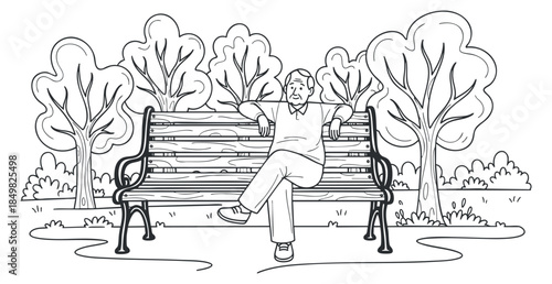 A line art illustration of an elderly man sitting on a park bench surrounded by trees in a serene outdoor setting