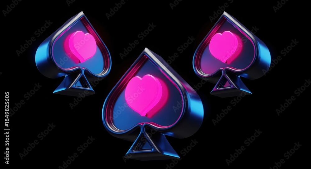 Fototapeta premium Three glowing futuristic spade symbols with neon pink hearts on a dark background