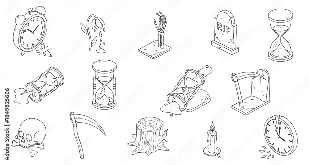 Obraz premium A collection of time and death-related icons including hourglasses, skull, rose, and candle in minimalist vector outline style