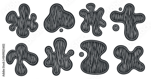 A collection of abstract black and white organic shapes with textured outlines in modern vector style, suitable for artistic designs and creative projects