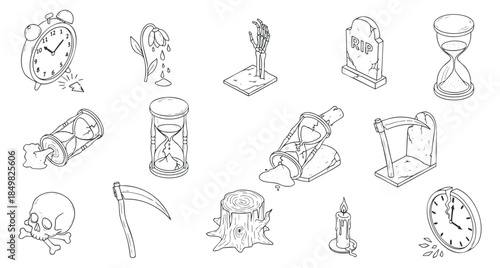 A collection of time and death-related icons including hourglasses, skull, rose, and candle in minimalist vector outline style