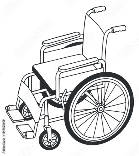 A detailed outline illustration of a wheelchair in minimalist vector style, suitable for healthcare and accessibility design projects