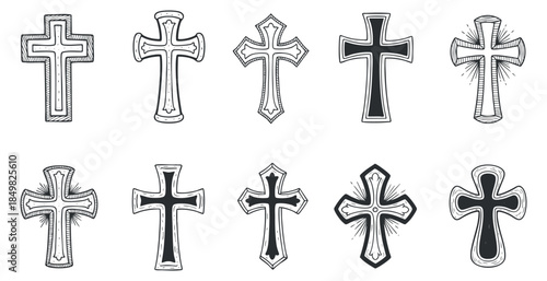A collection of ten decorative cross designs in black and white outline vector style, suitable for religious themes and graphic projects