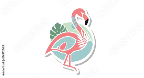 Stylized flamingo illustration with tropical foliage in pastel hues offering a trendy summer vibe