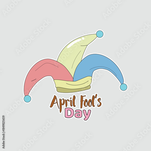 April Fool's Day jester hat illustration. Playful vector sticker with colorful fool's cap and text label, ideal for holiday cards, prank invites, or social media graphics to celebrate fun deceptions