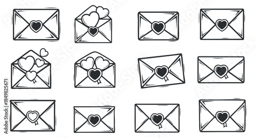 A collection of love-themed envelopes with hearts in black outline vector style, perfect for romantic designs and greeting cards