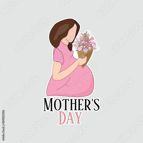 Mother's Day pregnant woman icon. Tender vector sticker with side-view mom holding flowers and text, for greeting cards, family celebrations, or maternal gift tags showing love