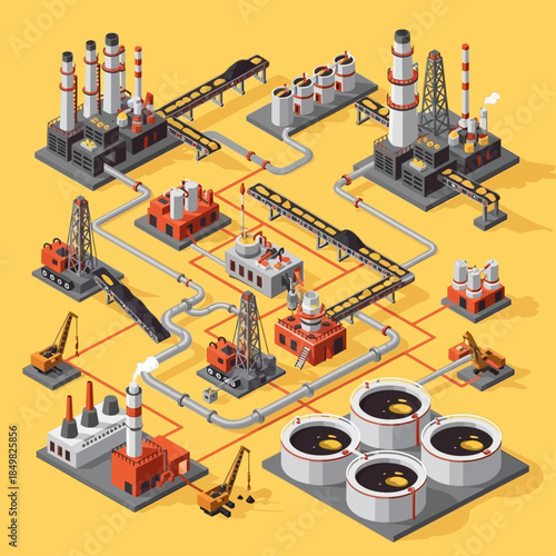Isometric illustration of an oil and gas industry complex with refineries, drilling rigs, pipelines, and storage tanks showing the entire production process.