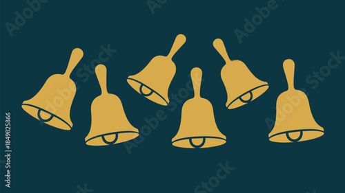 Golden bells ringing in celebration on dark blue background