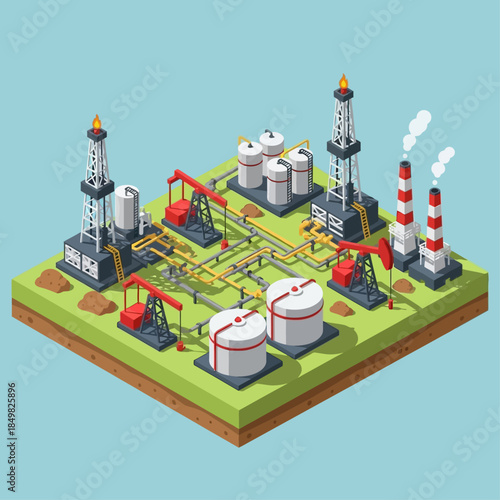 Detailed isometric illustration of an oil and gas industry complex with derricks, pumpjacks, storage tanks, and pipelines.