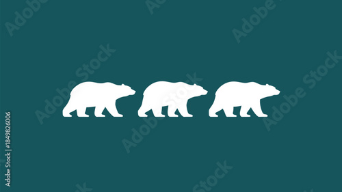 Three white bear silhouettes walking in a row on dark teal background