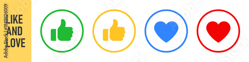 Like and love icon set, social media reaction icons featuring thumbs up and heart symbols in circle outlines. with color variations. for web, app, engagement, approval, and favorite functions