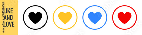 Like and love icon set, social media reaction icons featuring thumbs up and heart symbols in circle outlines. with color variations. for web, app, engagement, approval, and favorite functions