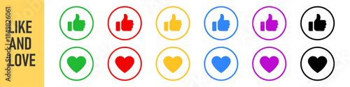 Like and love icon set, social media reaction icons featuring thumbs up and heart symbols in circle outlines. with color variations. for web, app, engagement, approval, and favorite functions