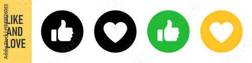 Like and love icon set, social media reaction icons featuring thumbs up and heart symbols in circle outlines. with color variations. for web, app, engagement, approval, and favorite functions