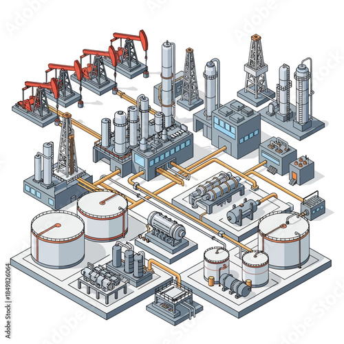Isometric illustration of an oil and gas industry complex with derricks, pipelines, storage tanks, and refinery buildings.
