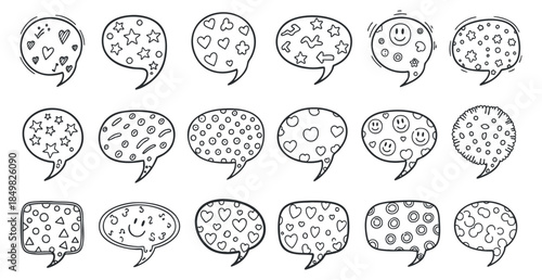 A collection of hand-drawn speech bubbles filled with various patterns like stars, hearts, and smiles in black outline vector style, ideal for communication design projects