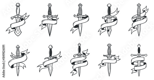 A collection of decorative swords with ribbons in black and white outline vector style, suitable for tattoo designs and graphic projects