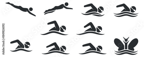 A set of swimming icons depicting various swimming strokes in black silhouette vector style, suitable for sports and fitness designs