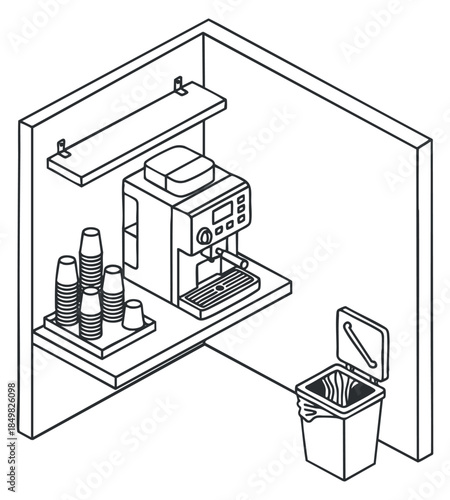 A coffee machine on a countertop with cups and a waste bin in minimalist outline vector style, ideal for cafe design and kitchen layouts