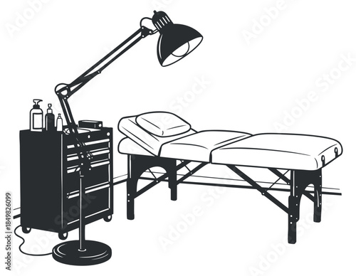 A massage treatment table with an adjustable lamp in black and white minimalist vector style, ideal for wellness and spa branding