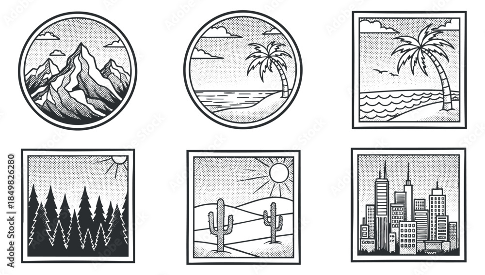 Fototapeta premium A collection of nature and cityscape illustrations featuring mountains, palm trees, forests, and buildings in black and white minimalist vector style