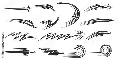 A collection of dynamic speed lines and bullet effects in black and white vector style, ideal for graphic design projects