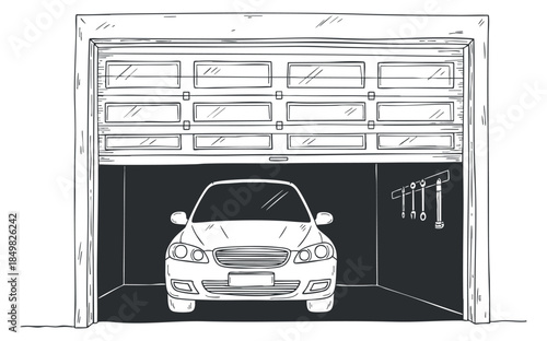 A sketch of a car parked inside a garage with an open door in black and white outline vector style, suitable for home design projects
