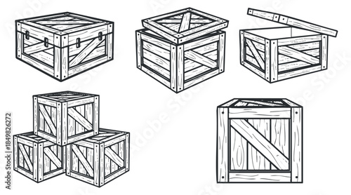 A collection of wooden crates and boxes in hand-drawn outline style, suitable for vintage-themed design projects