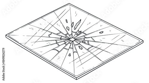 A shattered glass panel with cracks and fragments in clean outline vector style, suitable for design and graphic projects