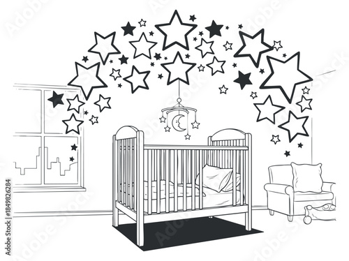 A nursery scene featuring a crib surrounded by stars and a moon in a minimalist black and white vector style, ideal for children's room decor