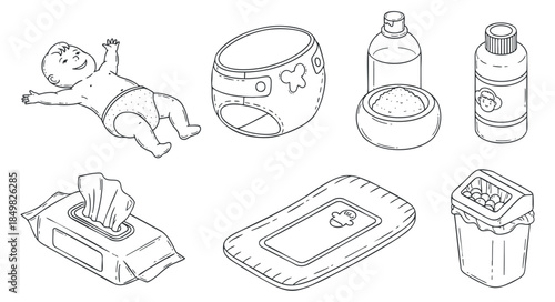 A collection of baby care items including a sleeping baby, diapers, wipes, lotion, and powder in outline minimalist vector style, ideal for parenting and childcare branding