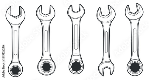 A collection of five wrenches in black and white outline vector style, ideal for automotive and repair projects