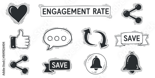 A set of social media engagement rate icons including likes, comments, shares, and notifications in black and white minimalist vector style, suitable for digital marketing projects