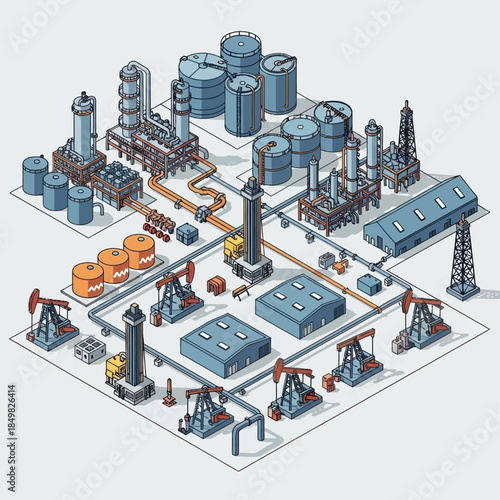 Isometric illustration of a comprehensive oil and gas industry complex with extraction pumpjacks, pipelines, storage tanks, and refinery processing units.