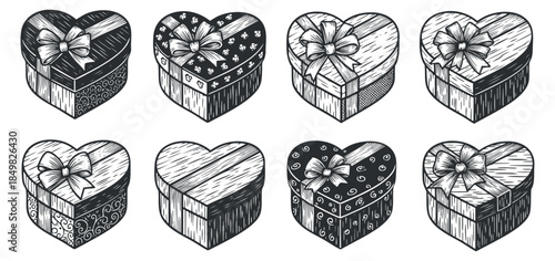 A collection of eight decorative heart-shaped gift boxes with floral designs in black and white hand-drawn vector style, suitable for festive occasions and celebrations