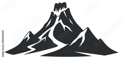 A stylized mountain peak with snow-capped summits in black vector illustration, ideal for outdoor adventure themes