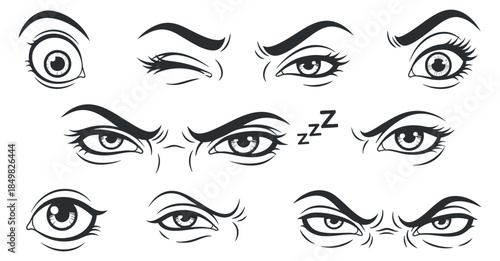 A collection of nine expressive eyes in black and white vector style, showcasing various emotions and expressions, perfect for character design and illustrations